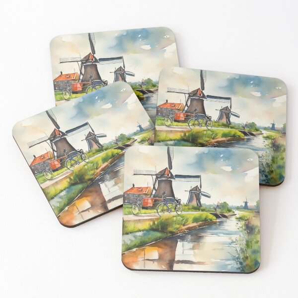 Item preview, Dutch Canal Reflections with Windmill and Bicycle Watercolor designed and sold by UmSkelig834.