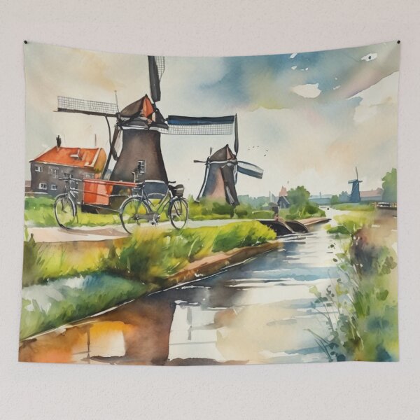 Aperçu de l'œuvre Reflets d'un canal néerlandais avec moulin à vent et vélo (aquarelle) créée et vendue par UmSkelig834.