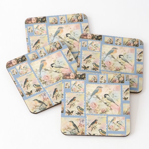 Item preview, Oiseaux Aves Vintage bird love postage stamp watercolor botanical illustration pattern designed and sold by elenabdesigns.