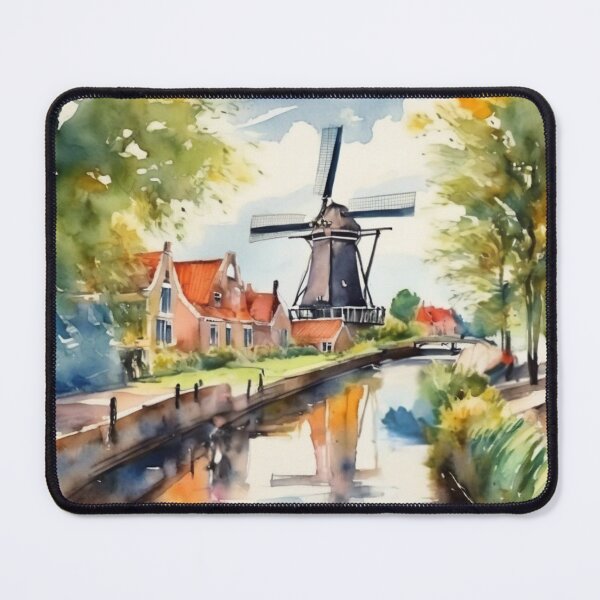 Item preview, Peaceful Holland Canal Windmill Watercolor Dutch Village Art designed and sold by UmSkelig834.