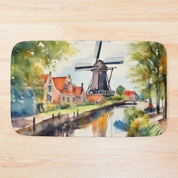 Item preview, Peaceful Holland Canal Windmill Watercolor Dutch Village Art designed and sold by UmSkelig834.