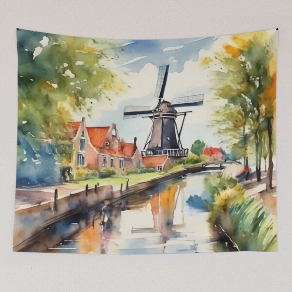 Item preview, Peaceful Holland Canal Windmill Watercolor Dutch Village Art designed and sold by UmSkelig834.