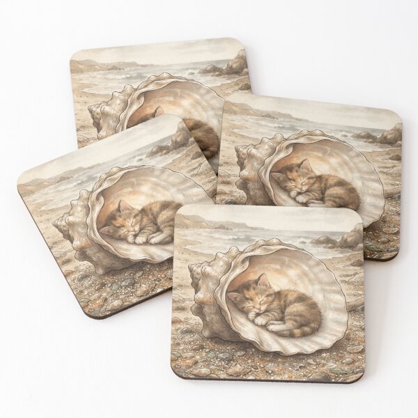 Item preview, Tiny Kitten Resting in a Giant Seashell Miniature Illustration designed and sold by DuckOddity.