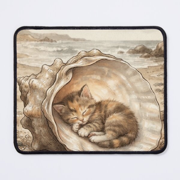 Item preview, Tiny Kitten Resting in a Giant Seashell Miniature Illustration designed and sold by DuckOddity.