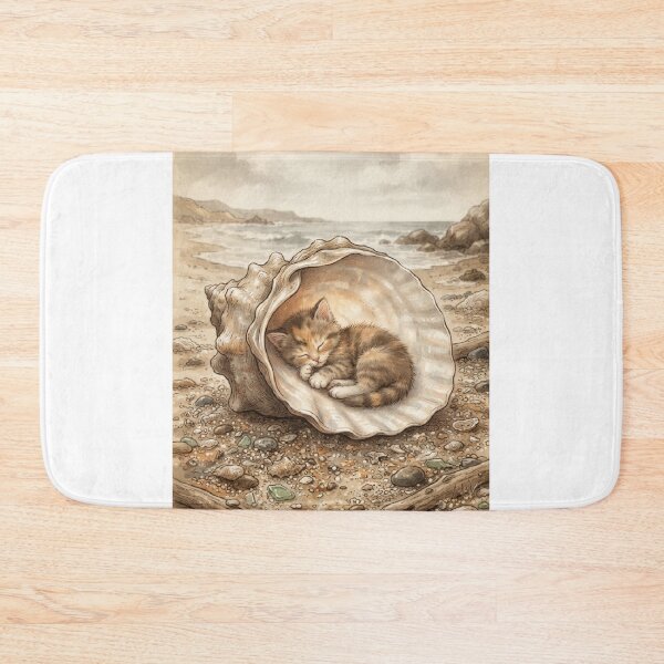 Item preview, Tiny Kitten Resting in a Giant Seashell Miniature Illustration designed and sold by DuckOddity.