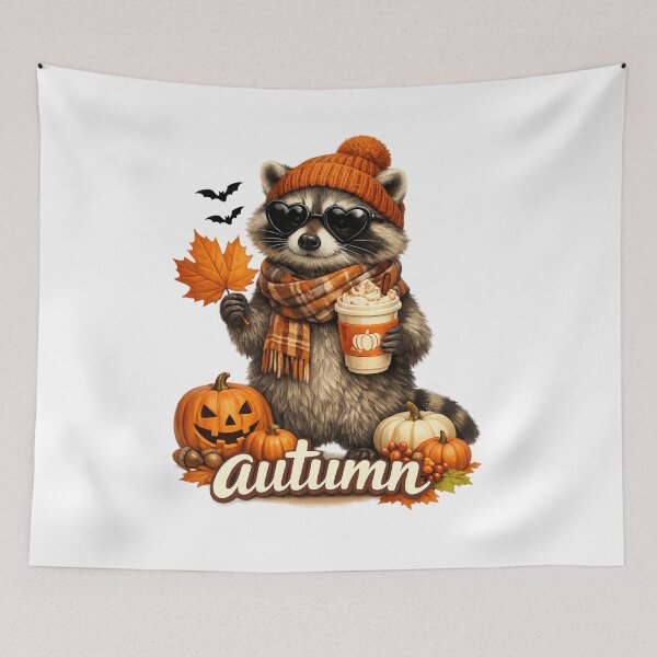 Item preview, Cozy Autumn Raccoon With Pumpkins And Warm Drink designed and sold by FreshVibe Prints.