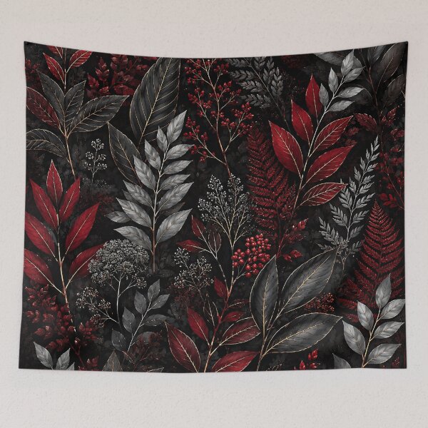 Item preview, Dark Botanical Crimson Silver Leaf Pattern Design designed and sold by Aureva Arts Shop.