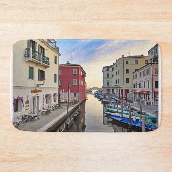 Item preview, Stone bridge Ponte di Vigo across Vena water canal with boats and old buildings in historical centre of Chioggia town, Veneto Region, Italy designed and sold by goceris.