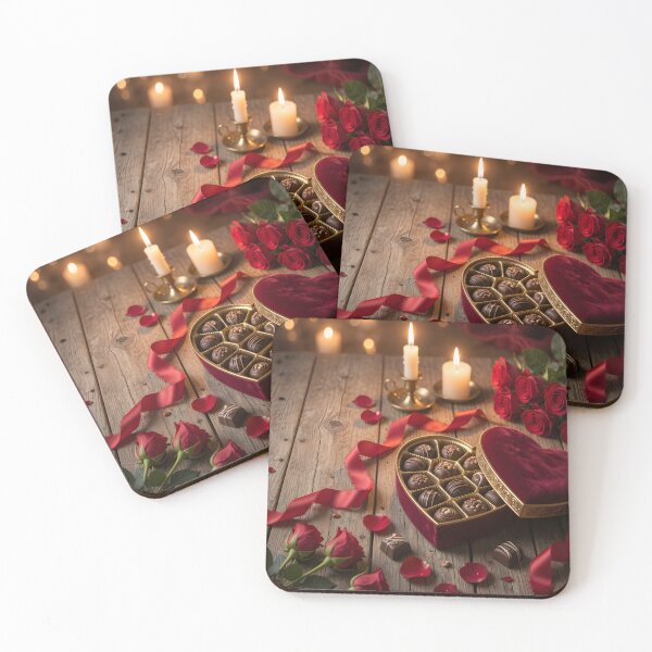 Item preview, Romantic Chocolate Heart Gift Box with Roses & Candlelight | Luxury Valentine Art Print designed and sold by DreamyWallVibes.
