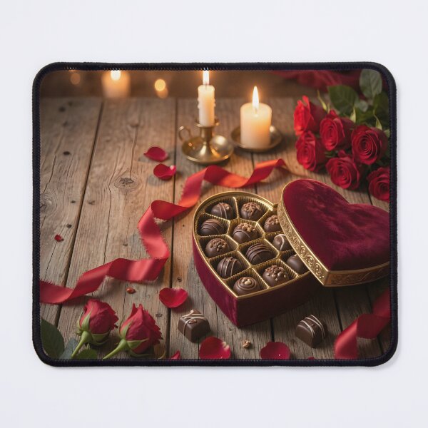 Item preview, Romantic Chocolate Heart Gift Box with Roses & Candlelight | Luxury Valentine Art Print designed and sold by DreamyWallVibes.