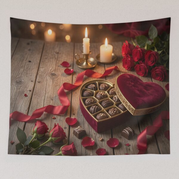 Item preview, Romantic Chocolate Heart Gift Box with Roses & Candlelight | Luxury Valentine Art Print designed and sold by DreamyWallVibes.