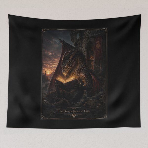 Item preview, The Dragon Reads at Dusk Fantasy Poster  designed and sold by Sketchlegacy.