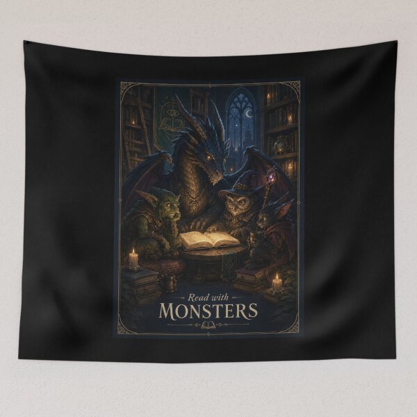 Item preview, Read with Monsters Fantasy Library Poster  designed and sold by Sketchlegacy.
