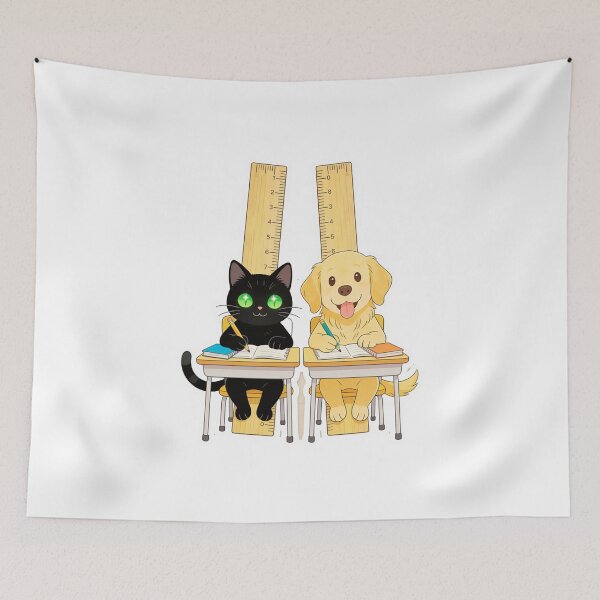 Item preview, Un gato negro y un cachorro haciendo los deberes en sillas con forma de regla. designed and sold by OksArtStudio.