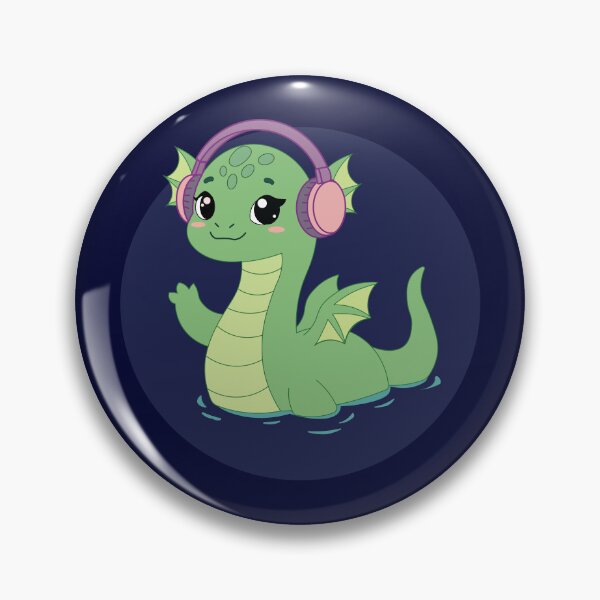 Item preview, Cute Kawaii Loch Ness Monster | Waving Nessie with Pink Headphones designed and sold by Hallowed Artistry.