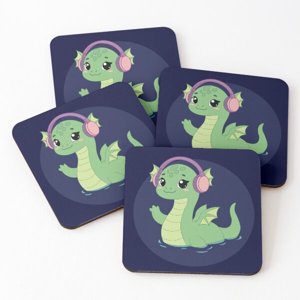 Item preview, Cute Kawaii Loch Ness Monster | Waving Nessie with Pink Headphones designed and sold by Hallowed Artistry.