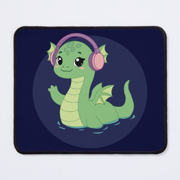Item preview, Cute Kawaii Loch Ness Monster | Waving Nessie with Pink Headphones designed and sold by Hallowed Artistry.