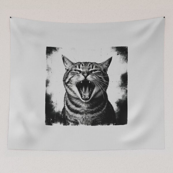Item preview, Gritty Black And White Yawning Tabby Cat Ink Illustration designed and sold by Enea Kelo.