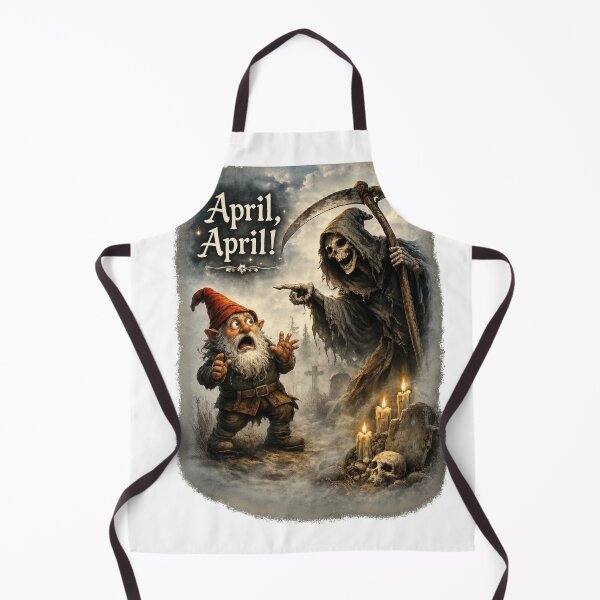 Item preview, April, April! Terrified Gnome Meets the Grim Reaper – Funny German April Fool Fantasy designed and sold by Alpine-Ink.