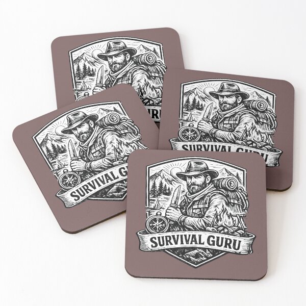 Artikelvorschau, Survival Guru – Retro Schwarz-Weiß-Abzeichen entworfen und verkauft von FilBlue.