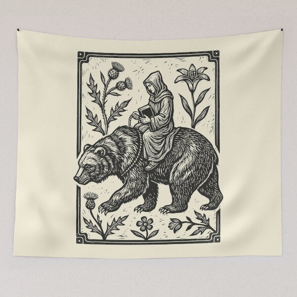 Item preview, Medieval Monk Grizzly Bear Rider Renaissance Linocut  designed and sold by Y-Vibes.