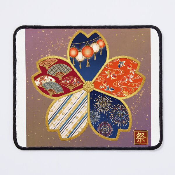Item preview, Matsuri — Japanese Cherry Blossom Crest Art Print | Lantern & Goldfish Festival Pattern designed and sold by KimonoKotoba.
