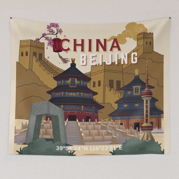 Item preview, Beijing China Travel Poster | Vintage-Inspired Temple of Heaven, Great Wall & Skyline Illustration designed and sold by Magic Love Art Print.