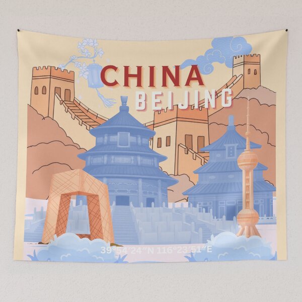 Item preview, Beijing China Travel Poster | Pastel Blue & Peach Cityscape Illustration Art designed and sold by Magic Love Art Print.
