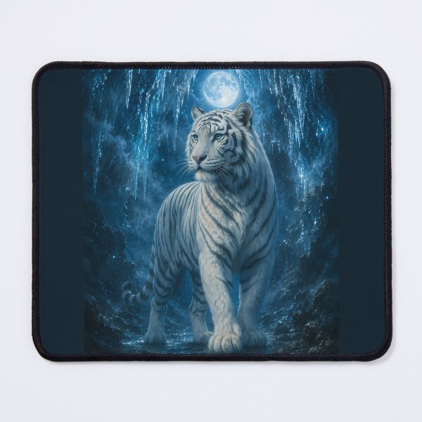 Item preview, Majestic White Tiger Under Moonlight | Blue Fantasy Forest Wildlife Art designed and sold by ManJiangHong.