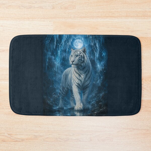 Item preview, Majestic White Tiger Under Moonlight | Blue Fantasy Forest Wildlife Art designed and sold by ManJiangHong.