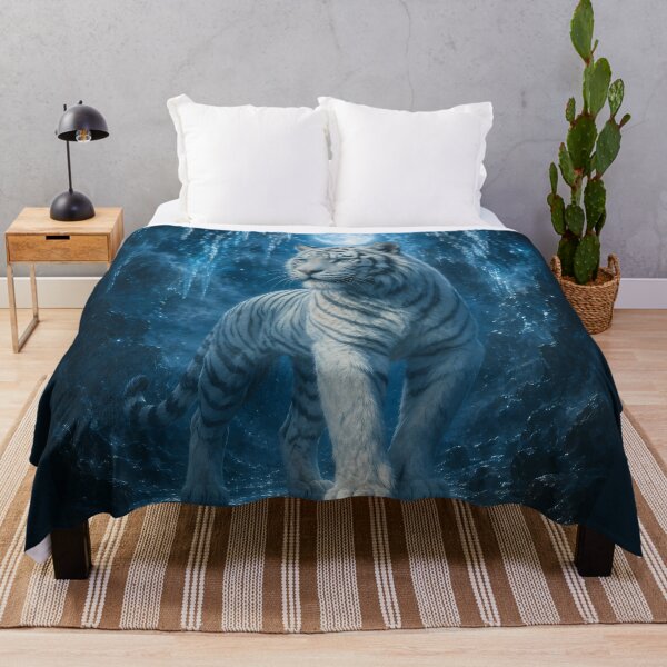 Item preview, Majestic White Tiger Under Moonlight | Blue Fantasy Forest Wildlife Art designed and sold by ManJiangHong.
