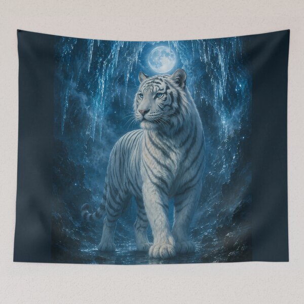 Item preview, Majestic White Tiger Under Moonlight | Blue Fantasy Forest Wildlife Art designed and sold by ManJiangHong.