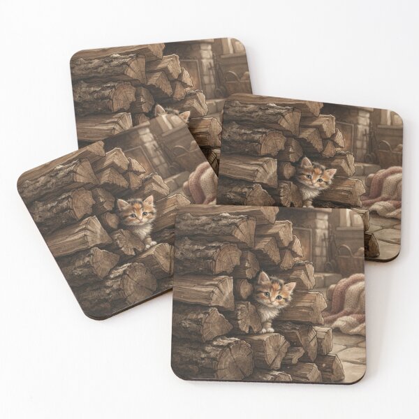 Item preview, Tiny Kitten Peeking from a Giant Stack of Firewood Miniature Illustration designed and sold by DuckOddity.