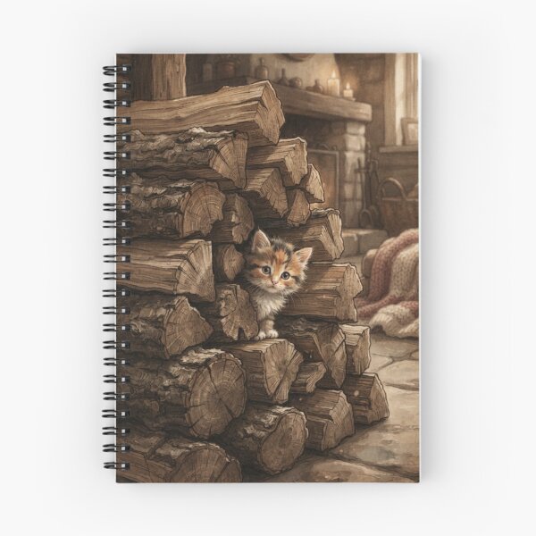 Item preview, Tiny Kitten Peeking from a Giant Stack of Firewood Miniature Illustration designed and sold by DuckOddity.