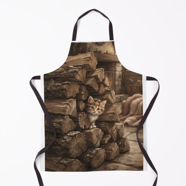 Item preview, Tiny Kitten Peeking from a Giant Stack of Firewood Miniature Illustration designed and sold by DuckOddity.