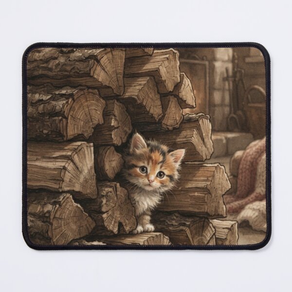 Item preview, Tiny Kitten Peeking from a Giant Stack of Firewood Miniature Illustration designed and sold by DuckOddity.