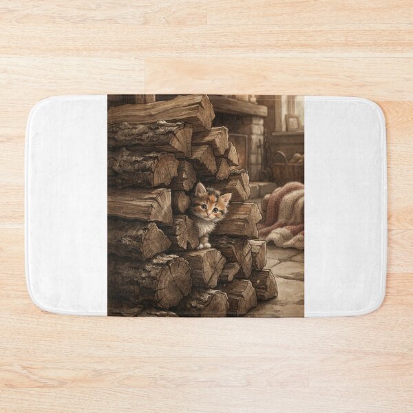 Item preview, Tiny Kitten Peeking from a Giant Stack of Firewood Miniature Illustration designed and sold by DuckOddity.
