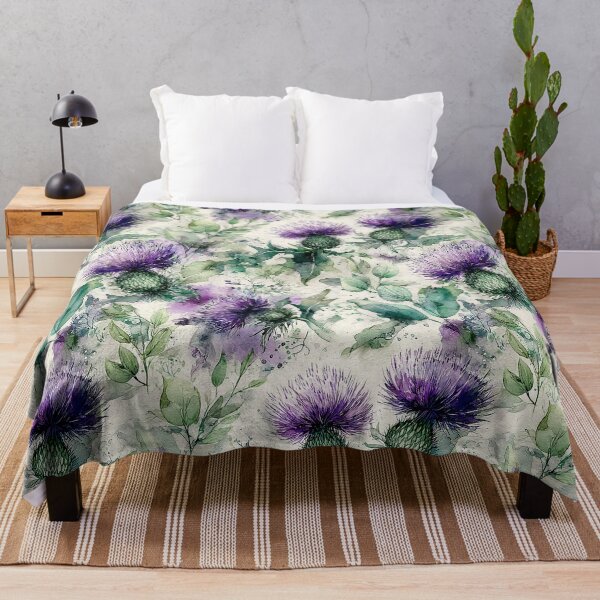 Item preview, Deep Violet Scottish Thistle and Teal Watercolor Botanical Pattern designed and sold by Nine Lives Studio.