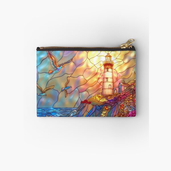 Item preview, Lighthouse Stained Glass Sunset Art, Coastal Ocean Scene designed and sold by MargaretWiktor.