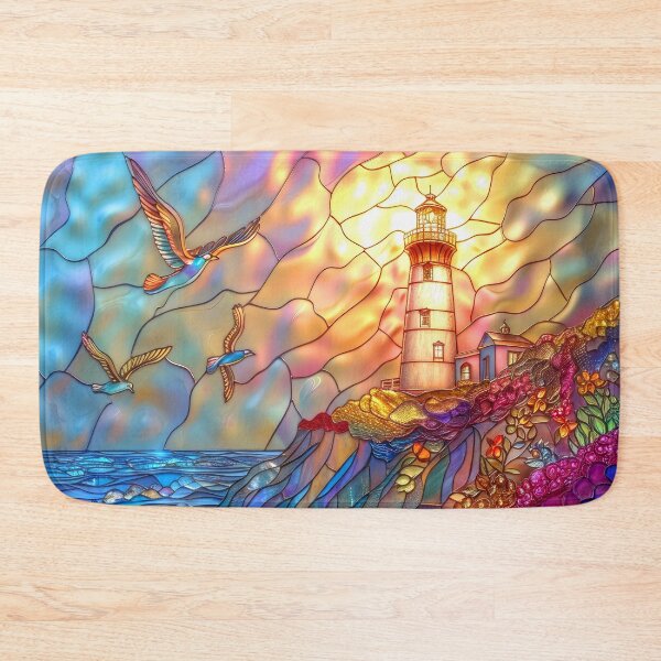 Item preview, Lighthouse Stained Glass Sunset Art, Coastal Ocean Scene designed and sold by MargaretWiktor.