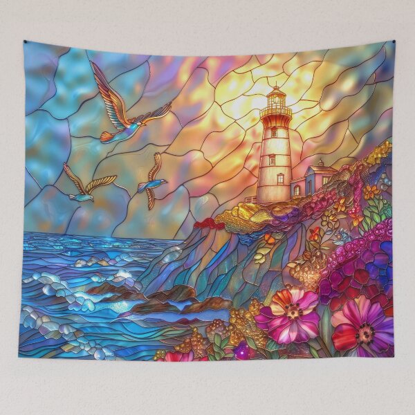 Item preview, Lighthouse Stained Glass Sunset Art, Coastal Ocean Scene designed and sold by MargaretWiktor.