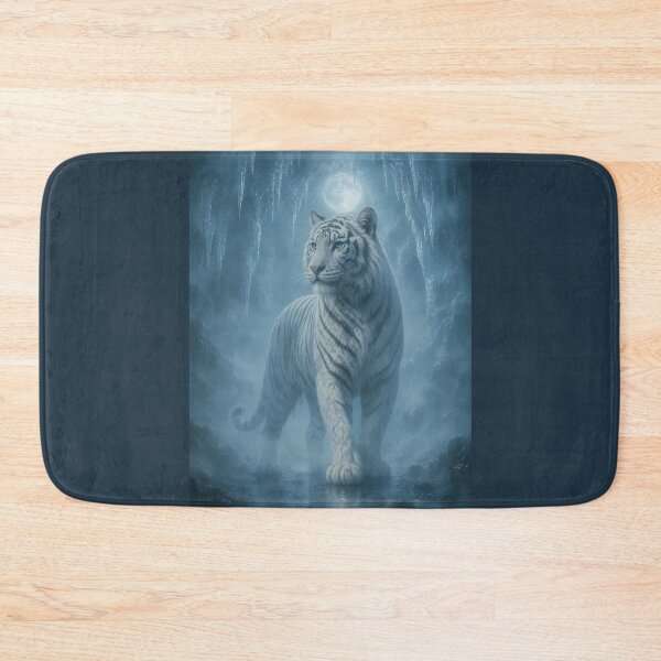 Item preview, Majestic White Tiger Under Moonlight | Blue Fantasy Forest Wildlife Art designed and sold by ManJiangHong.