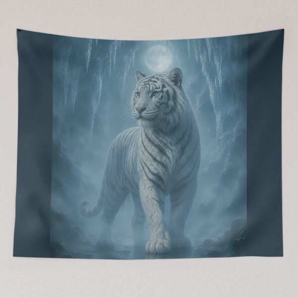 Item preview, Majestic White Tiger Under Moonlight | Blue Fantasy Forest Wildlife Art designed and sold by ManJiangHong.