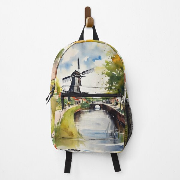 Item preview, Traditional Dutch Windmill and Canal Watercolor Landscape Art designed and sold by UmSkelig834.