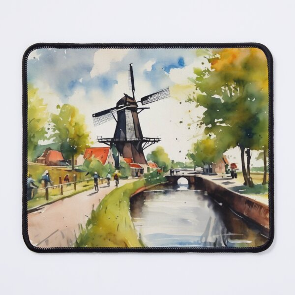 Item preview, Traditional Dutch Windmill and Canal Watercolor Landscape Art designed and sold by UmSkelig834.