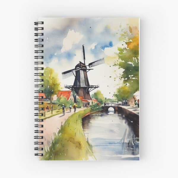 Item preview, Traditional Dutch Windmill and Canal Watercolor Landscape Art designed and sold by UmSkelig834.