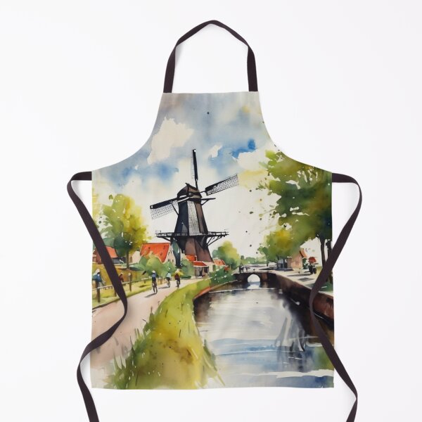 Item preview, Traditional Dutch Windmill and Canal Watercolor Landscape Art designed and sold by UmSkelig834.
