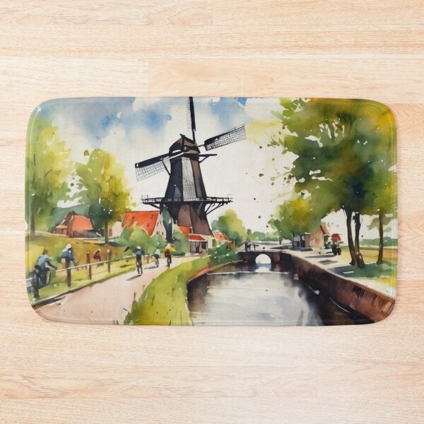 Item preview, Traditional Dutch Windmill and Canal Watercolor Landscape Art designed and sold by UmSkelig834.
