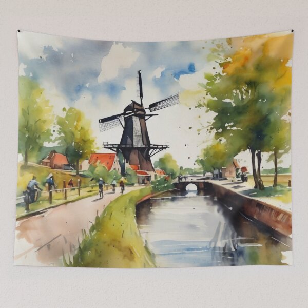 Aperçu de l'œuvre Paysage traditionnel néerlandais à l'aquarelle avec moulin à vent et canal créée et vendue par UmSkelig834.