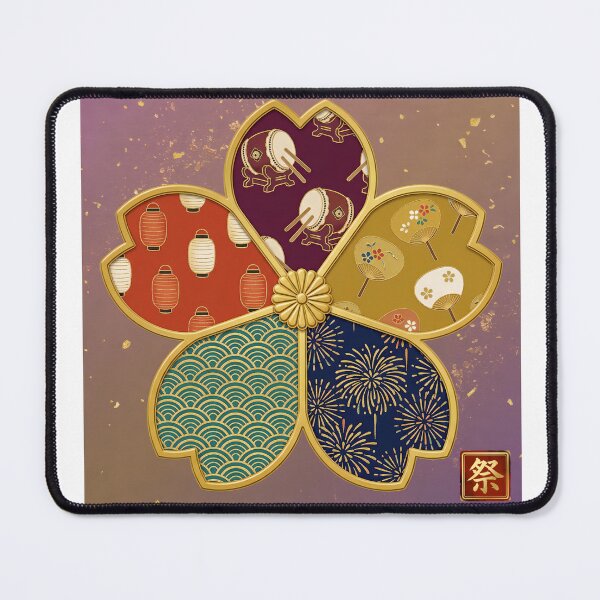 Item preview, Matsuri — Japanese Cherry Blossom Crest Art Print | Taiko Drum & Lantern Festival Pattern designed and sold by KimonoKotoba.